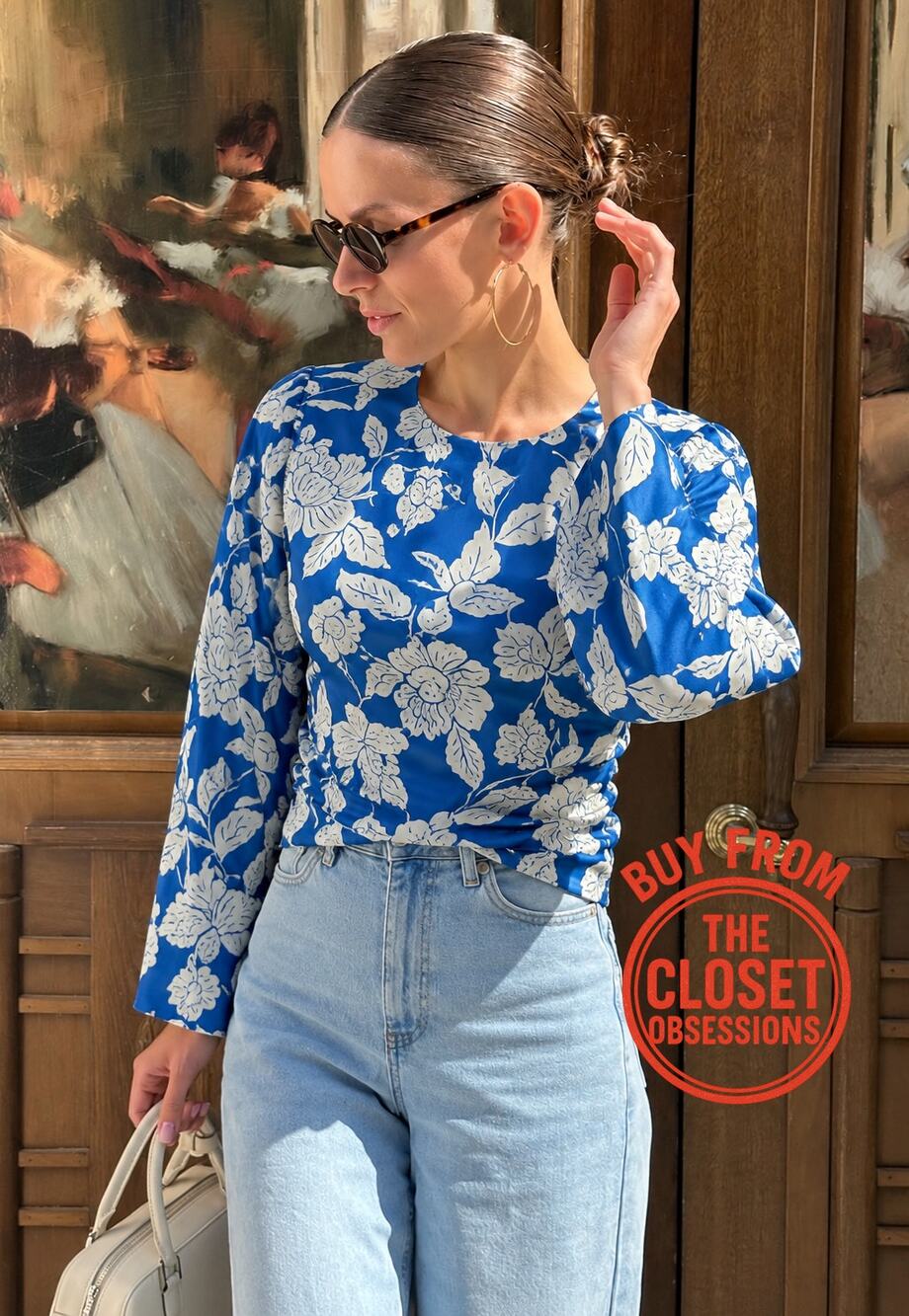Zara NWT Blue White Floral Ruched Long Sleeve Blouse M